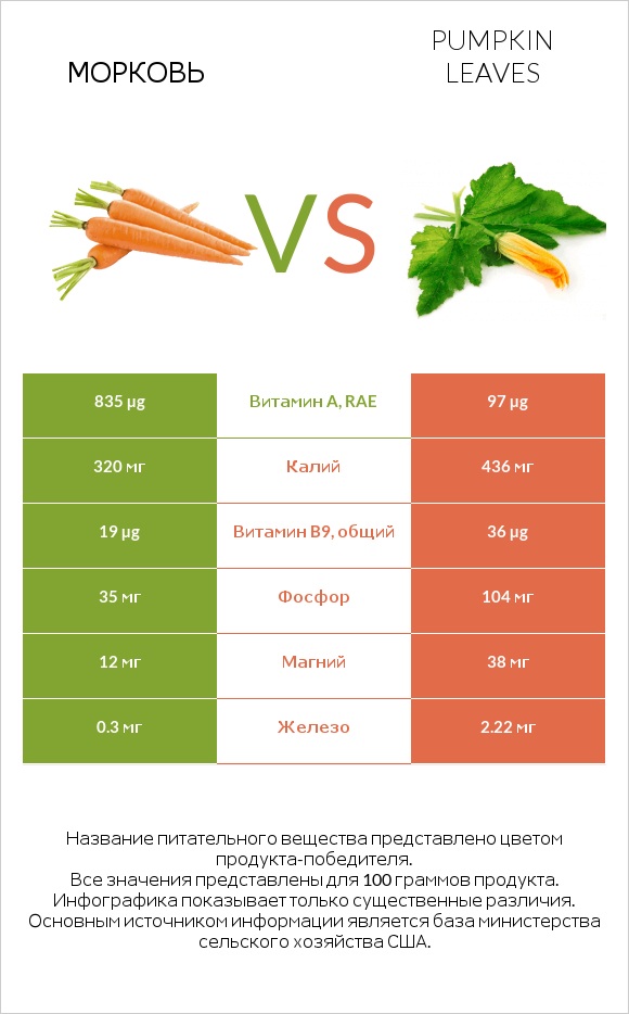 Морковь vs Pumpkin leaves infographic