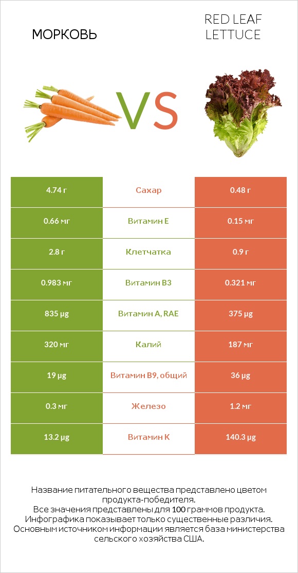 Морковь vs Red leaf lettuce infographic