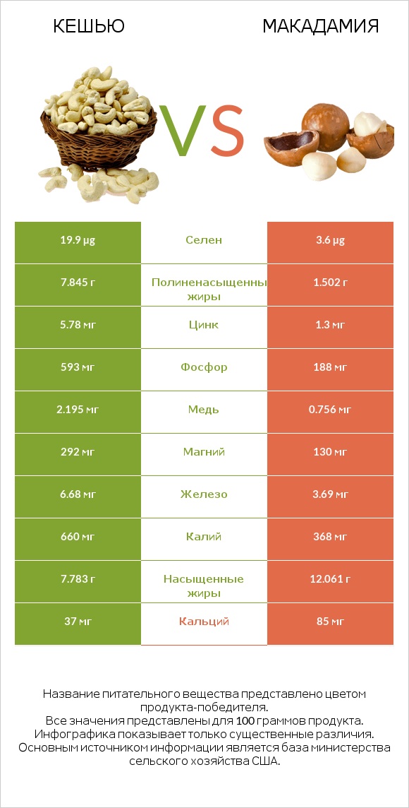 Кешью vs Макадамия infographic