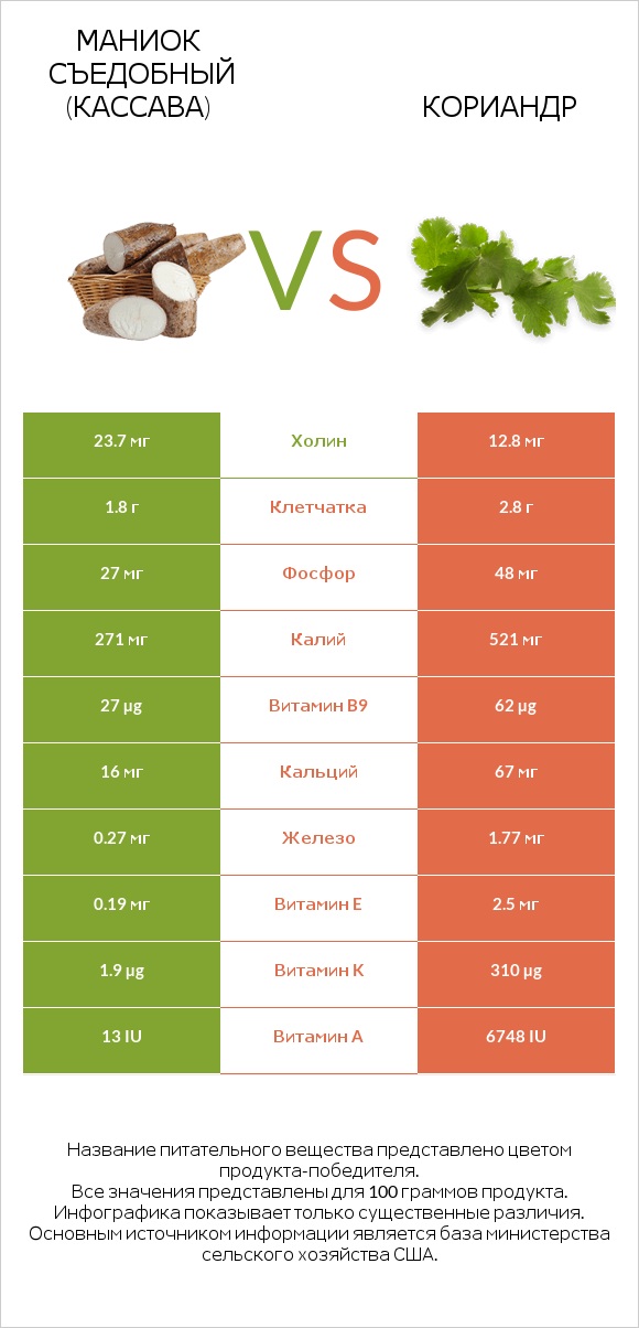 Маниок съедобный (кассава) vs Кориандр infographic