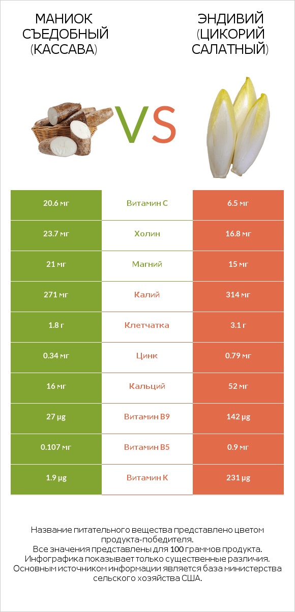 Маниок съедобный (кассава) vs Эндивий (Цикорий салатный)  infographic