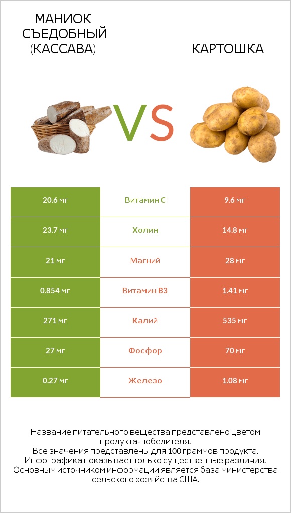 Маниок съедобный (кассава) vs Картошка infographic