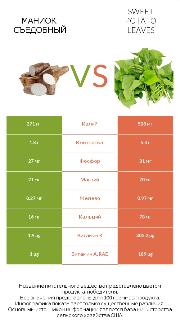 Маниок съедобный vs Sweet potato leaves infographic