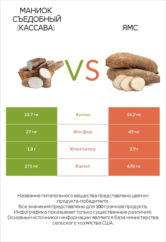 Маниок съедобный (кассава) vs Ямс infographic