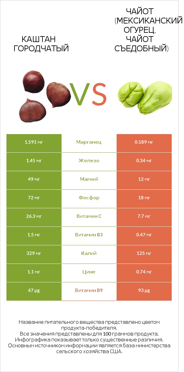 Каштан городчатый vs Чайот (мексиканский огурец, чайот съедобный)  infographic