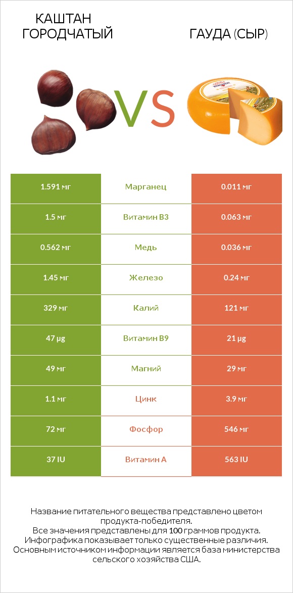 Каштан городчатый vs Гауда (сыр) infographic