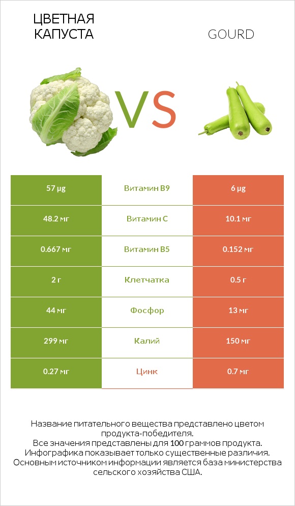 Цветная капуста vs Gourd infographic