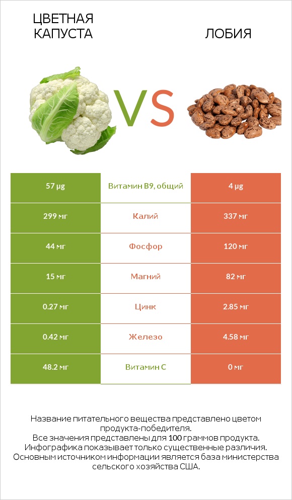 Цветная капуста vs Лобия infographic