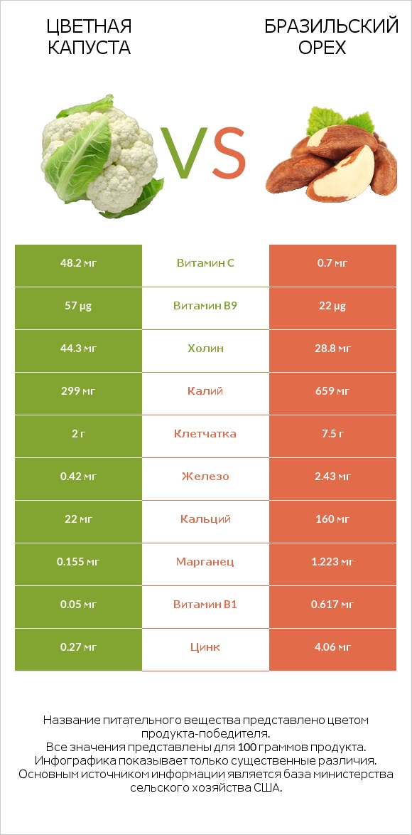 Цветная капуста vs Бразильский орех infographic