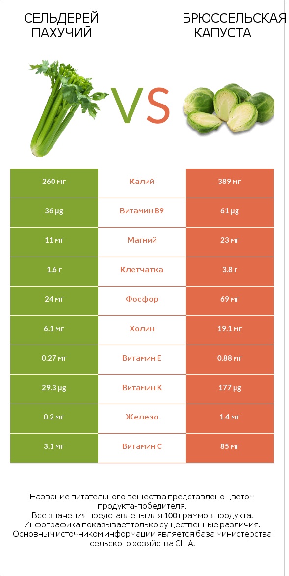 Сельдерей пахучий vs Брюссельская капуста infographic
