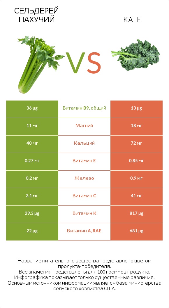 Сельдерей пахучий vs Кудрявая капуста (кале, грюнколь, браунколь) infographic