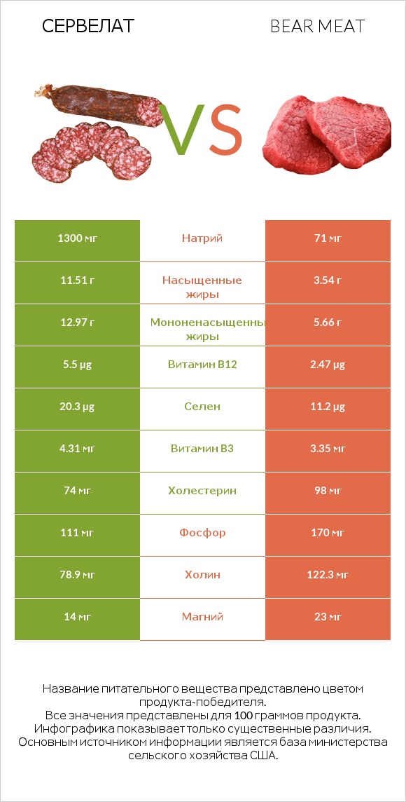 Сервелат vs Bear meat infographic