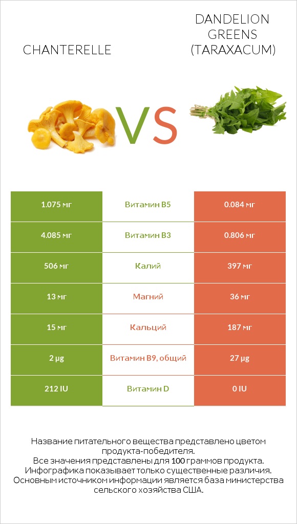 Chanterelle vs Dandelion greens infographic