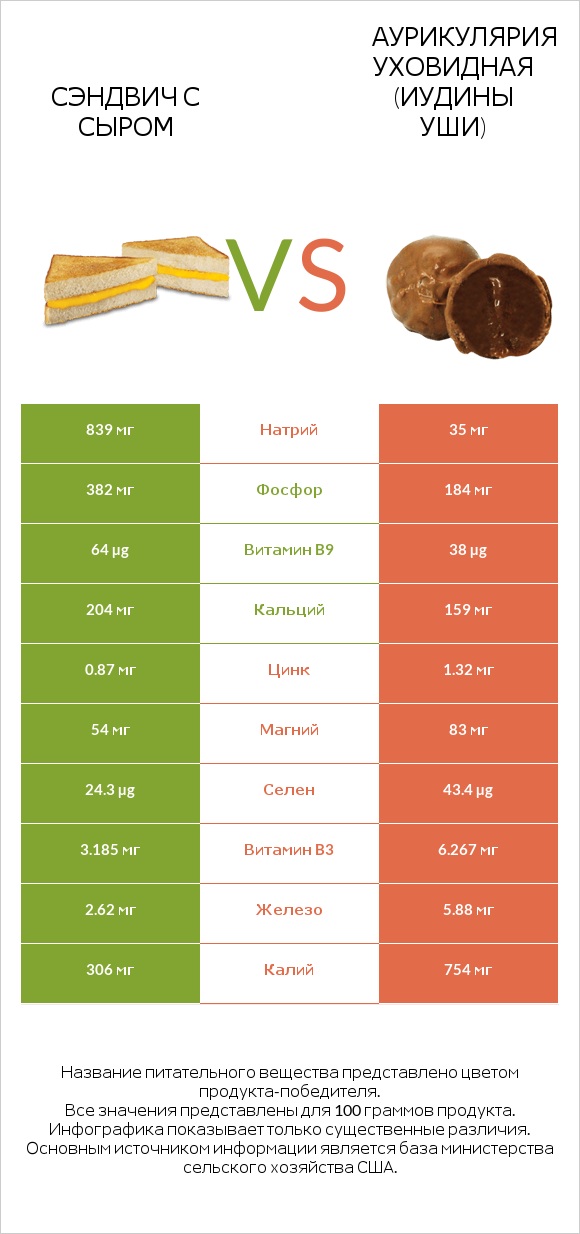 Сэндвич с сыром vs Аурикулярия уховидная (Иудины уши) infographic