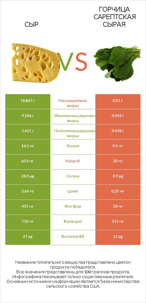 Сыр vs Горчица сарептская сырая infographic