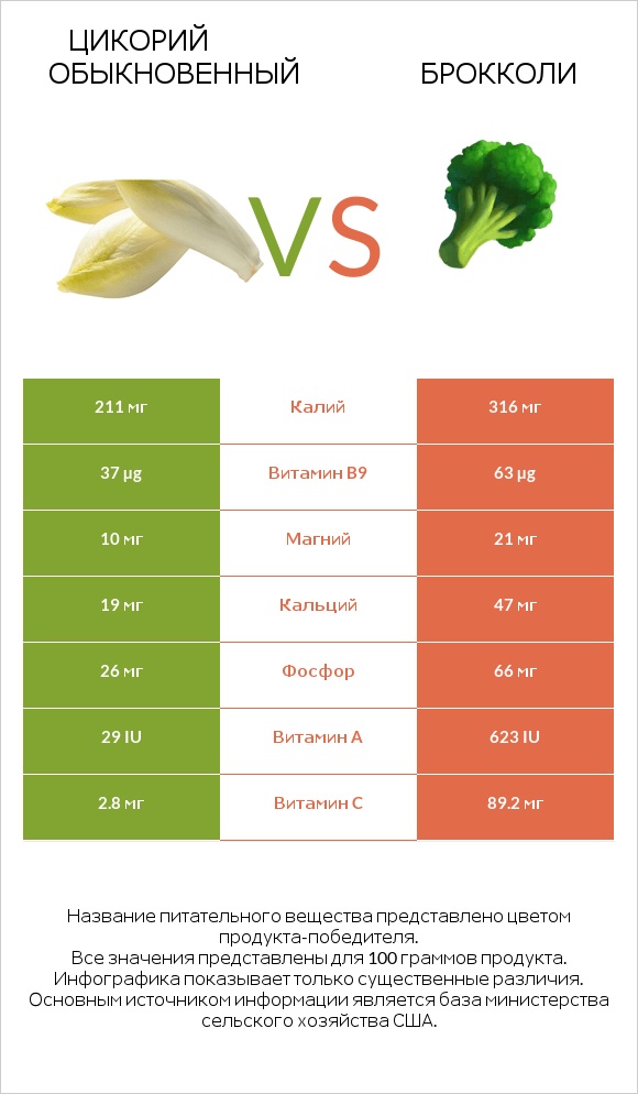 Цикорий обыкновенный vs Брокколи infographic