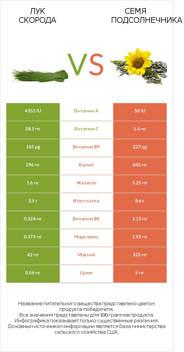 Лук скорода vs Семя подсолнечника infographic