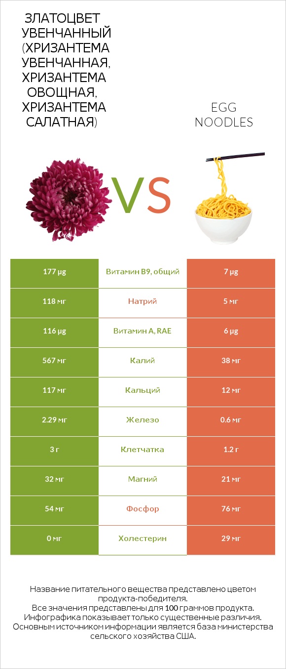 Златоцвет увенчанный (хризантема увенчанная, хризантема овощная, хризантема салатная) vs Egg noodles infographic