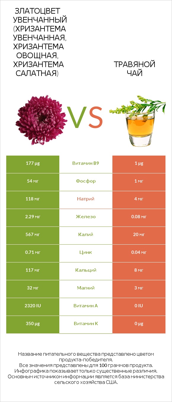 Златоцвет увенчанный (хризантема увенчанная, хризантема овощная, хризантема салатная) vs Травяной чай infographic