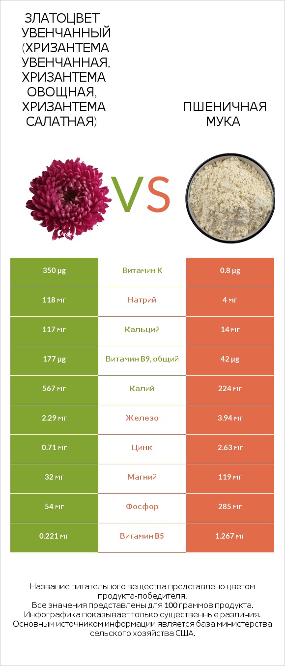 Златоцвет увенчанный (хризантема увенчанная, хризантема овощная, хризантема салатная) vs Пшеничная мука infographic