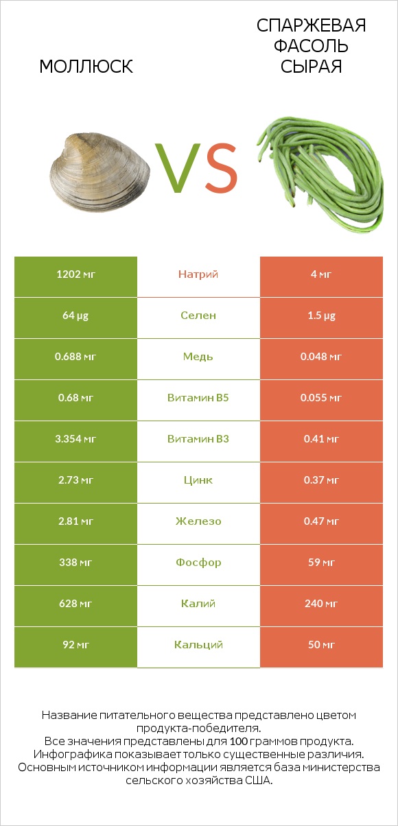 Моллюск vs Спаржевая фасоль сырая infographic