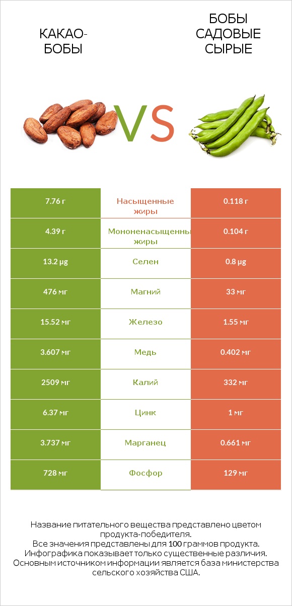 Какао-бобы vs Бобы садовые сырые infographic