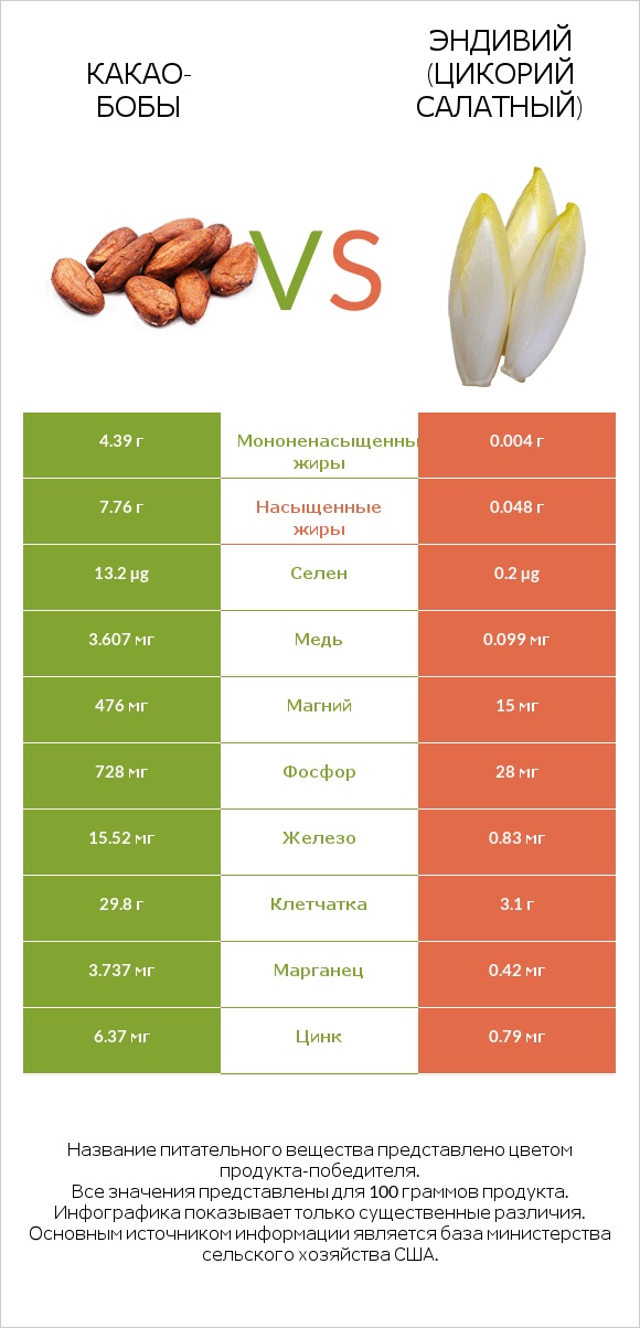 Какао-бобы vs Эндивий (Цикорий салатный)  infographic