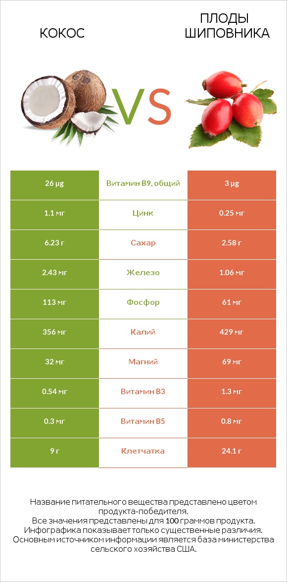 Кокос vs Плоды шиповника infographic