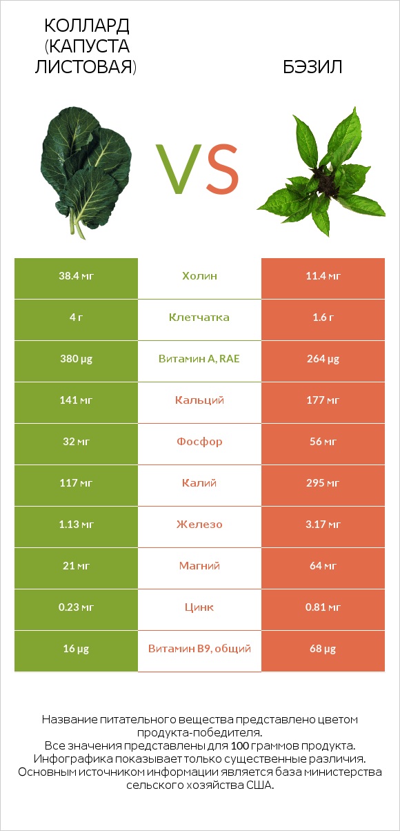 Коллард (капуста листовая) vs Бэзил infographic