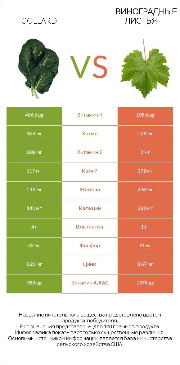Collard vs Виноградные листья infographic