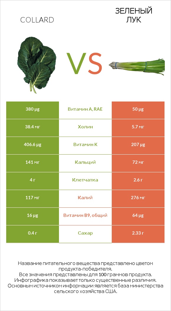 Коллард (капуста листовая) vs Зеленый лук infographic