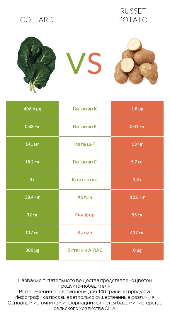 Collard vs Russet potato infographic