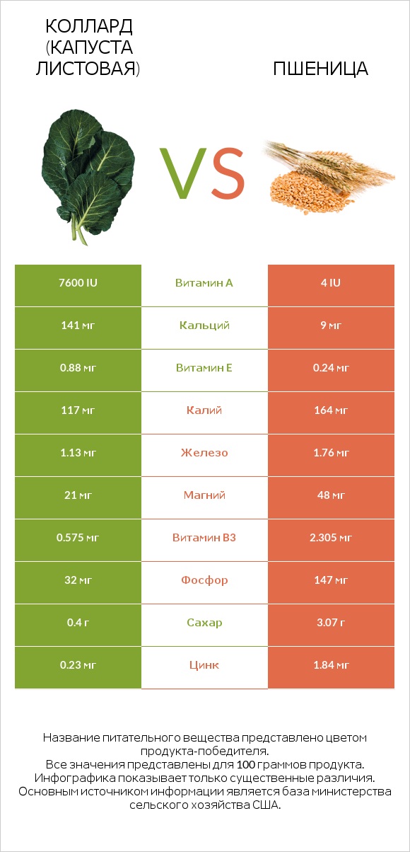 Коллард (капуста листовая) vs Пшеница infographic