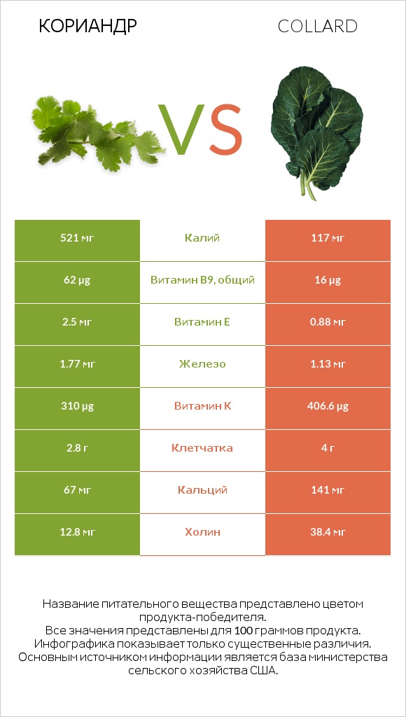 Кориандр vs Коллард (капуста листовая) infographic