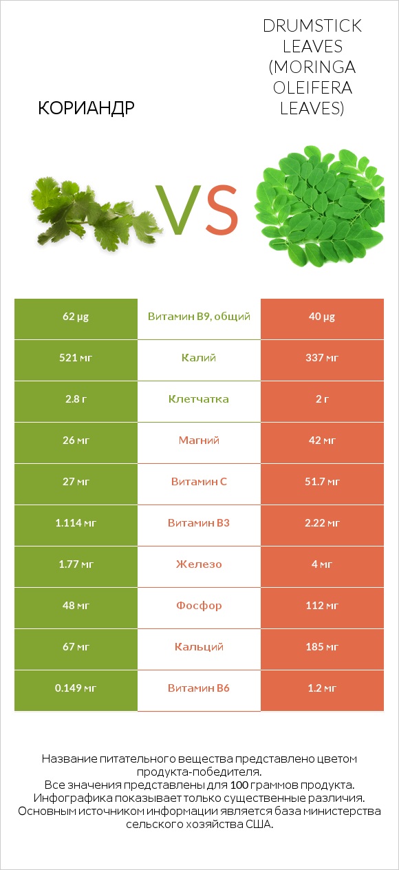 Кориандр vs Листья моринги infographic