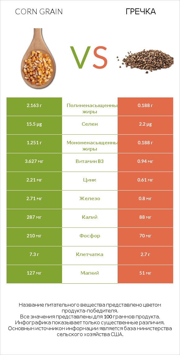 Corn grain vs Гречка infographic