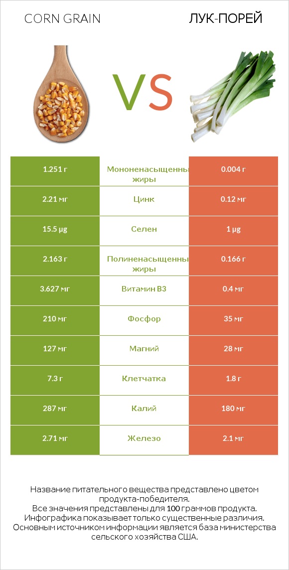 Corn grain vs Лук-порей infographic