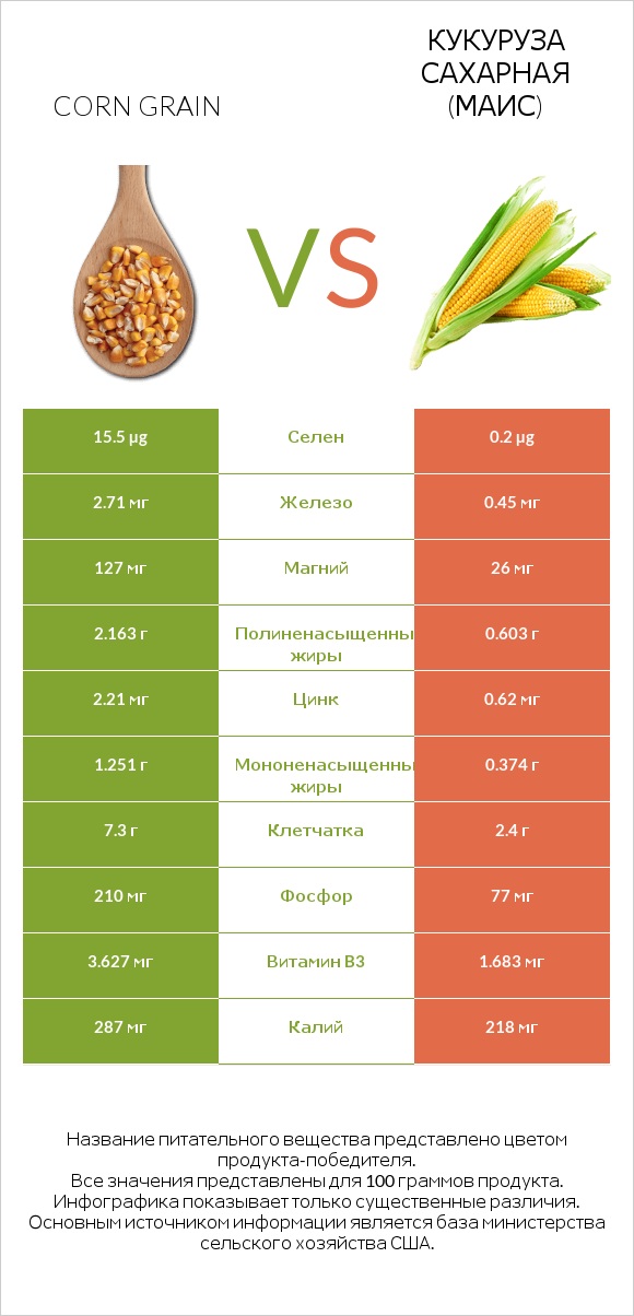 Corn grain vs Кукуруза сахарная (маис) infographic