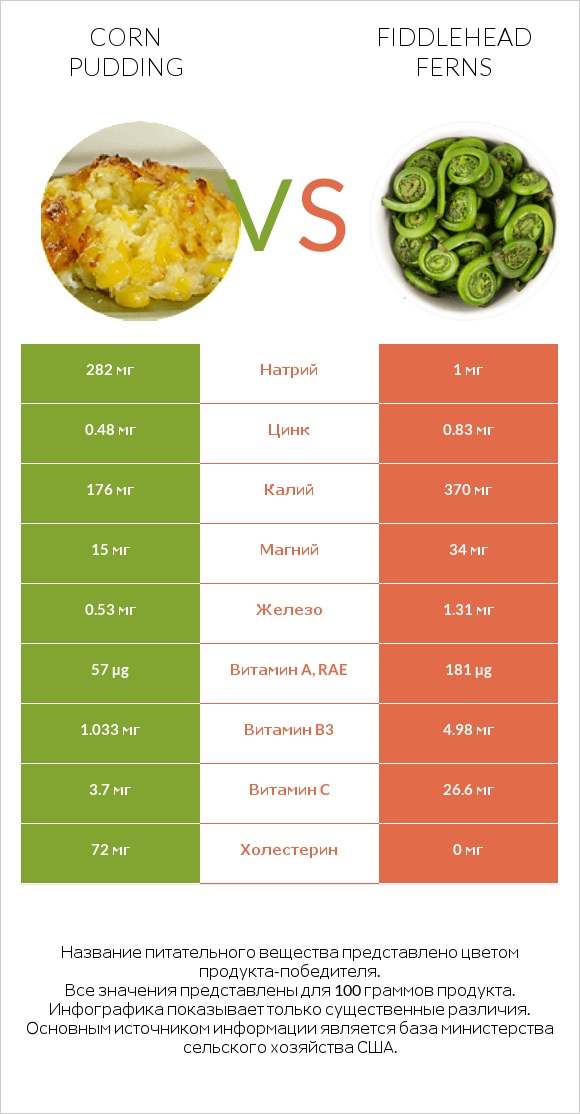 Corn pudding vs Fiddlehead ferns infographic