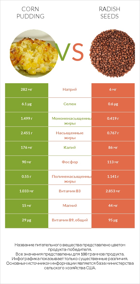 Corn pudding vs Radish seeds infographic