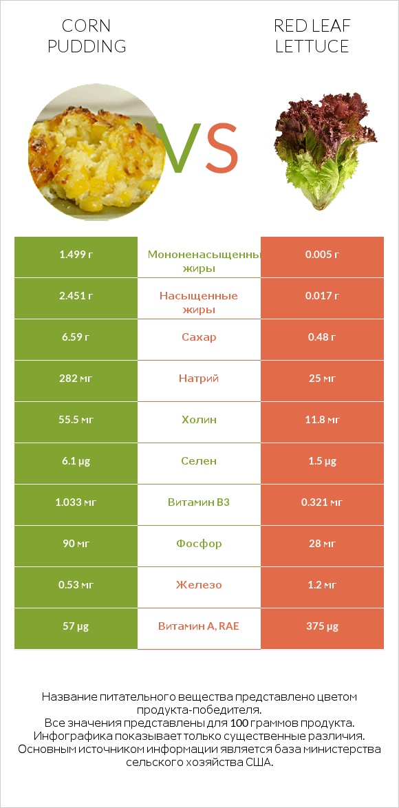 Corn pudding vs Red leaf lettuce infographic