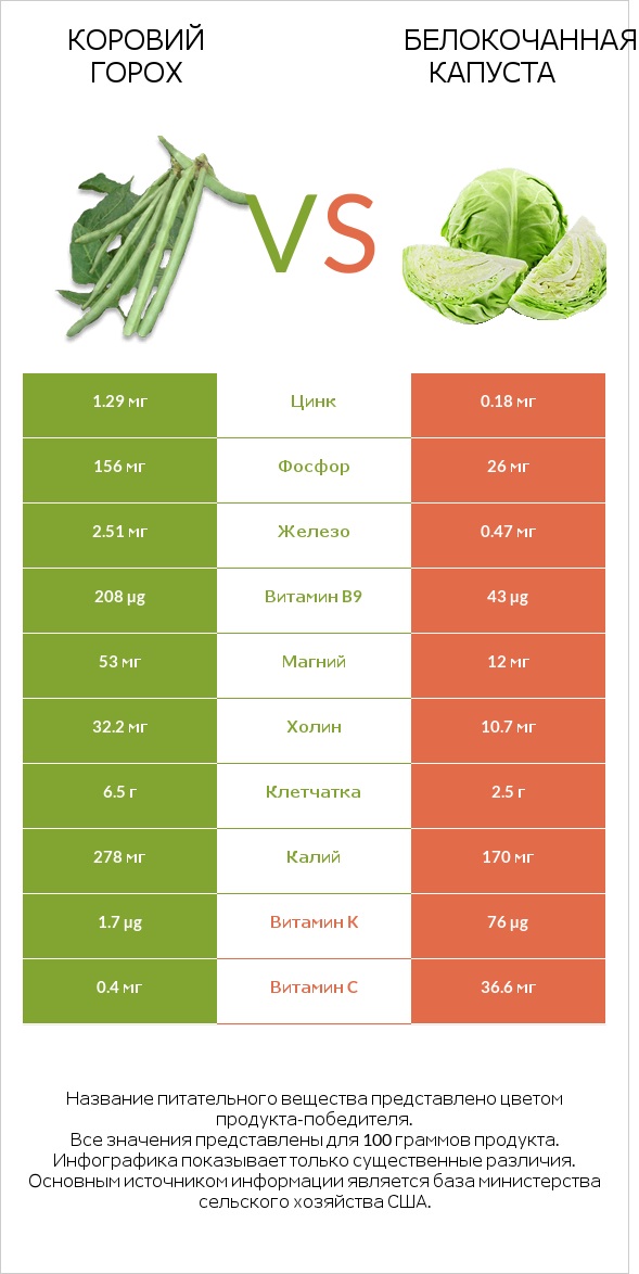 Коровий горох vs Белокочанная капуста infographic