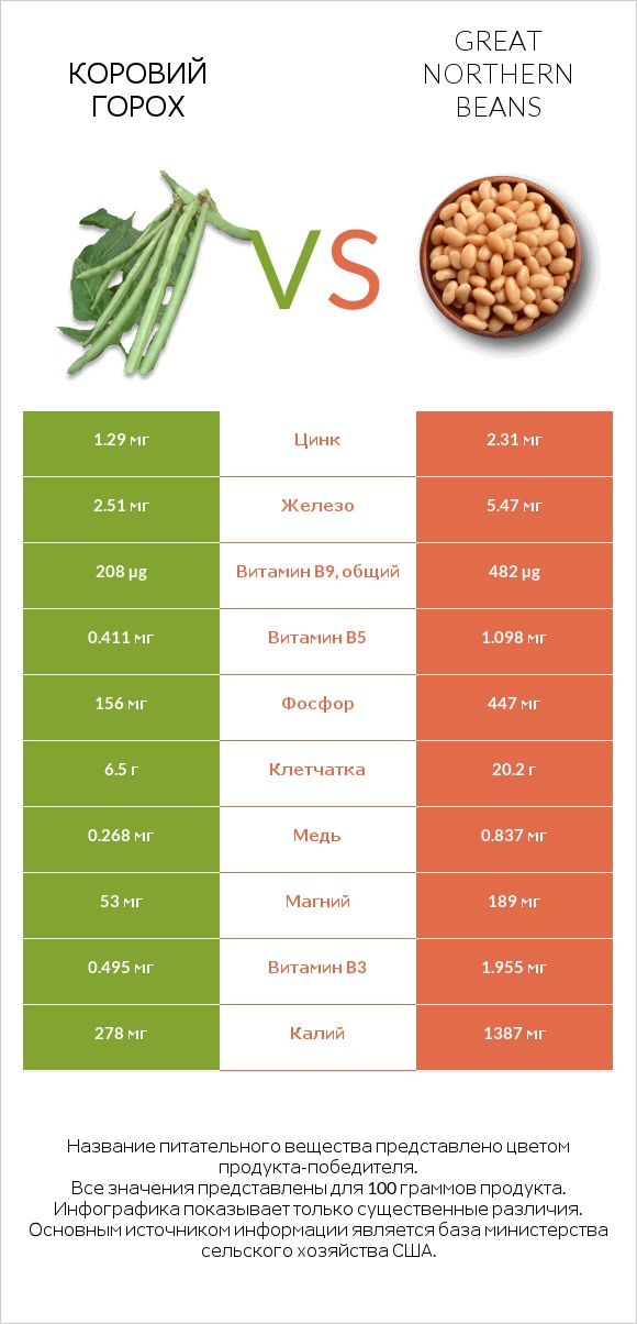 Коровий горох vs Great northern beans infographic