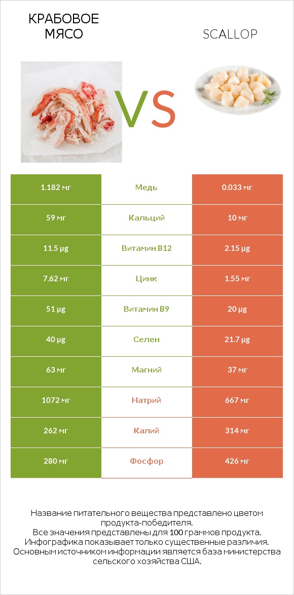 Крабовое мясо vs Scallop infographic