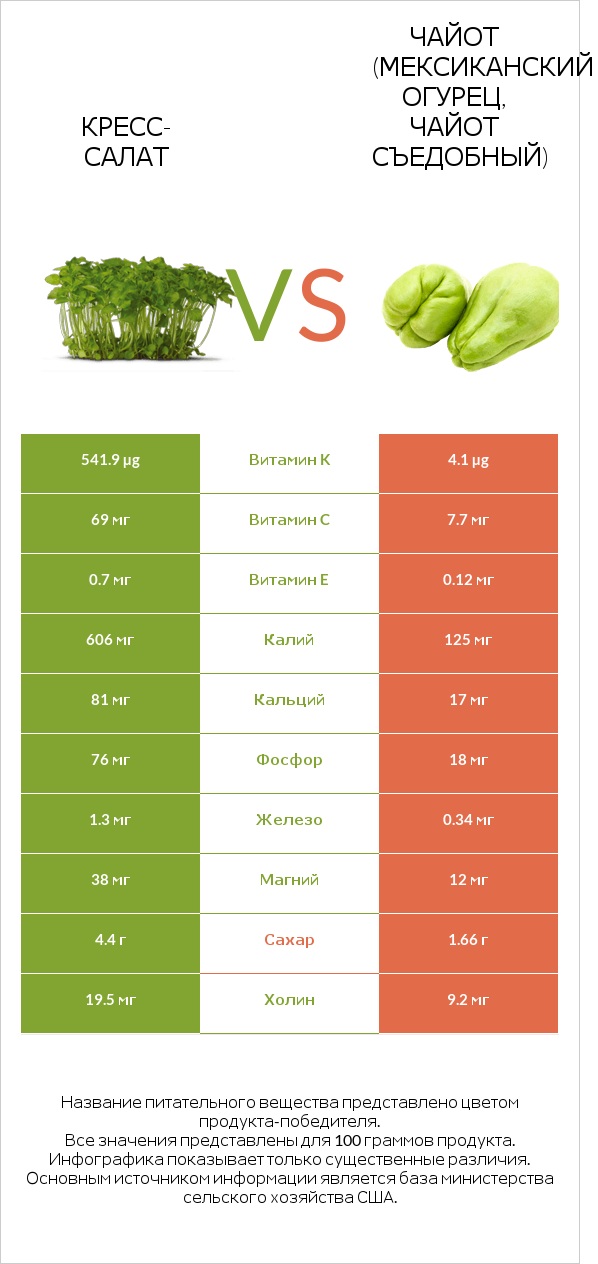 Кресс-салат vs Чайот (мексиканский огурец, чайот съедобный)  infographic