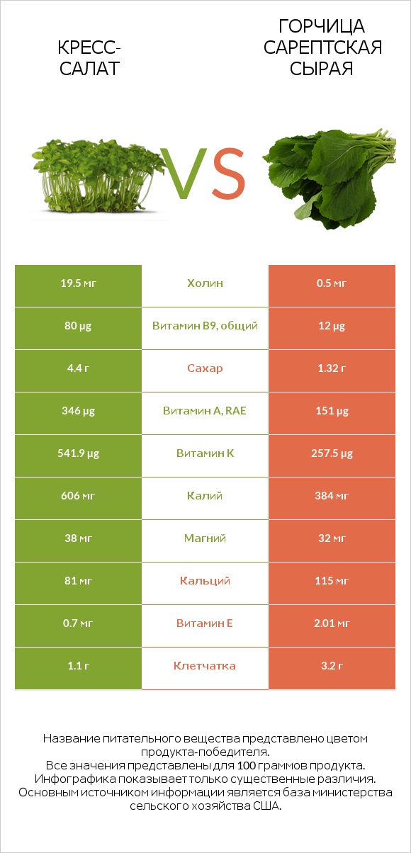 Кресс-салат vs Горчица сарептская сырая infographic