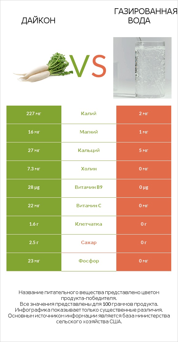 Дайкон vs Газированная вода infographic