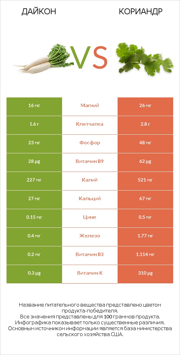 Дайкон vs Кориандр infographic