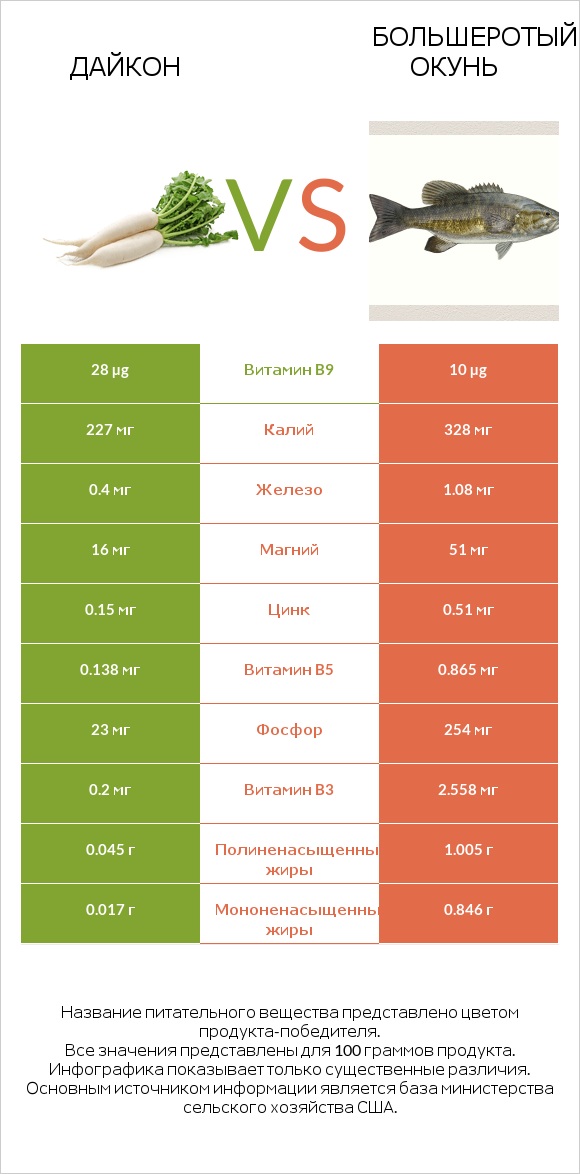 Дайкон vs Большеротый окунь infographic