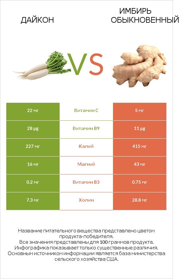 Дайкон vs Имбирь infographic